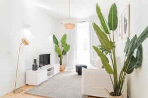 a white living room with a potted plant in it at Casa Boma Lisboa - Sunny and Elegant Apartment - Lapa V in Lisbon