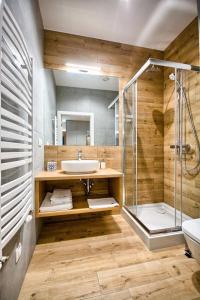uma casa de banho com um lavatório e um chuveiro em Szafir em Rogoźnik