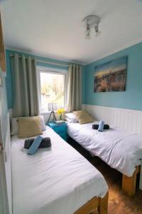 Cette chambre comprend 2 lits dans une chambre dotée de murs bleus et d'une fenêtre. dans l'établissement Ocean Cottage, à Uny Lelant 49 autres photos