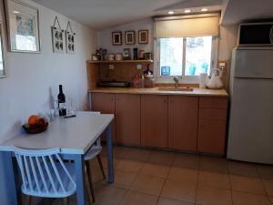 uma cozinha com uma mesa, um lavatório e um frigorífico em Avrahami Lake View em Jerusalém