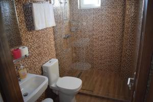 a bathroom with a toilet and a shower and a sink at Casa Dumitru in Ceraşul +29 photos