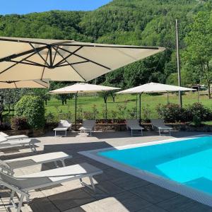 una piscina con sombrillas y sillas y una piscina en Il Melograno, en Gallicano