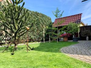 einen Garten mit einer Palme im Gras in der Unterkunft Ferienwohnung Fürstenwalde Spree in Ketschendorf