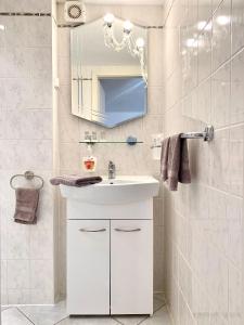 ein Badezimmer mit einem weißen Waschbecken und einem Spiegel in der Unterkunft Ferienwohnung Fürstenwalde Spree in Ketschendorf