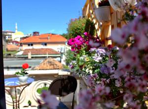 a view of a balcony with flowers and a table at Hotel Boutique Vila 8 in Durrës