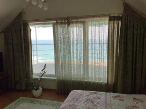 a bedroom with a window with a view of the ocean at Совиньон. Коттедж. Первая линия. in Odesa