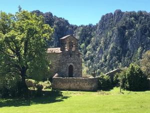 ein altes Steingebäude auf einem Feld mit einem Berg in der Unterkunft Hostal Piteus in San Lorenzo de Morunys