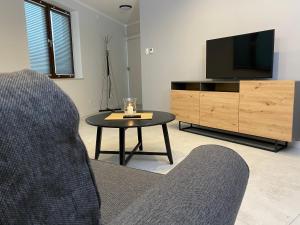 a living room with a couch and a table and a tv at Apartamenty Centrum in Andrychów