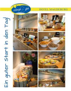 a collage of photos of a kitchen with food at Sleep & Go Hotel Magdeburg in Magdeburg