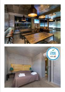 duas fotografias de um quarto com uma cama e uma sala de jantar em N1 Hostel Apartments and Suites em Santarém