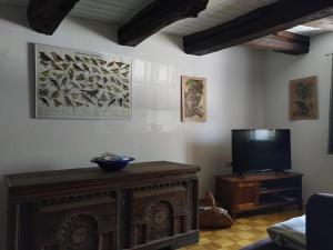 a living room with a flat screen tv on a table at FeWo im Mesnerhaus Mengen in Mengen