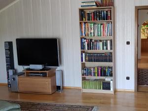 a living room with a television and book shelves filled with books at Feriendomizil Sell in Küps