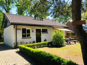 een klein huis met een picknicktafel en een bank bij Vakantiehuisje Specht in Otterlo