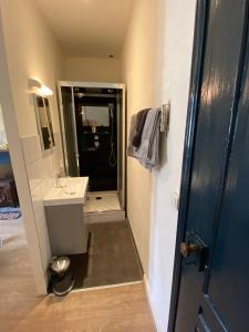 a small bathroom with a sink and a shower at Appartement Saint Emilion in Saint-Émilion +38 photos