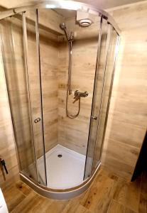 a shower with a glass enclosure in a bathroom at Hostel Komfort Borek in Krakow