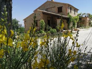 una casa vieja con flores amarillas delante de ella en Casale San Martino Agriturismo Bio, en SantʼAngelo in Pontano