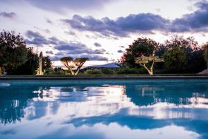 un bassin d'eau avec des arbres en arrière-plan dans l'établissement Villa Angel, à La Gaude