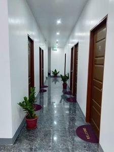 a hallway with a row of doors and potted plants at FilCan Hostel/Backpackers in Coron