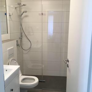 uma casa de banho com um chuveiro, um WC e um lavatório. em Gästehaus Engelgarten em Estenfeld