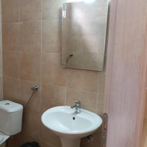 a bathroom with a sink and a toilet and a mirror at Villa Elpiniki in Troulos