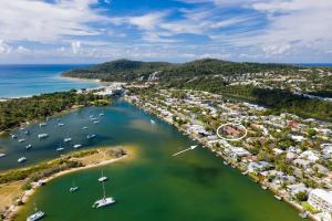 an aerial view of a harbor with boats in the water at Noosa Retreat in Noosa Heads