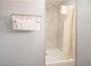 a bathroom with a shower with white towels at Executive Inn Fort Stockton in Fort Stockton