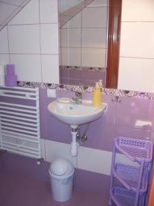 a bathroom with a sink and a mirror at Gosciniec Nad Stawem in Szczytno