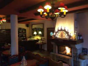 a living room with a fireplace in a restaurant at Wein-Hotel Auberge Mistral in Freiberg