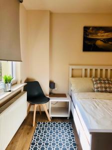 a bedroom with a bed and a chair and a desk at Gasthaus Stammbaum Andernach in Andernach