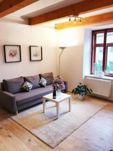 a living room with a couch and a table at Apartmán 2KK Sauna and Aromatherapy in Jihlava