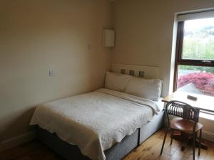 um pequeno quarto com uma cama e uma janela em College View Apartments em Cork