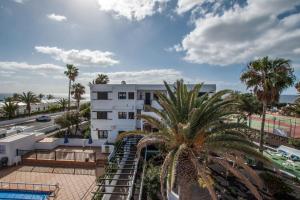 una vista aérea de un edificio y una palmera en Casa Coral with sea views & AC, en Puerto del Carmen