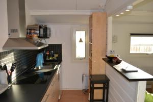 una cocina con encimera negra y fregadero en stuga skrea strand en Falkenberg