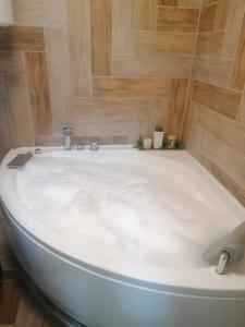 a white bath tub in a bathroom with wooden walls at Marina Jacuzzi Apartment free parking in Novi Sad +12 photos