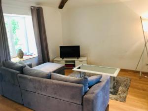 sala de estar con sofá y TV en Logis de la Clartière en Falleron