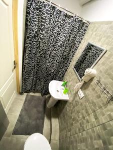 a bathroom with a black shower curtain and a sink at Belvederska apartment 3 in Ivano-Frankivsʼk