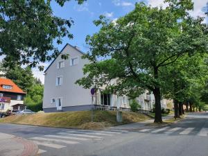 une maison blanche sur le côté d'une rue dans l'établissement Apartament Rosa, à Jelenia Góra