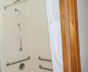 a shower with a shower curtain in a bathroom at Days Inn by Wyndham Dyersburg in Dyersburg