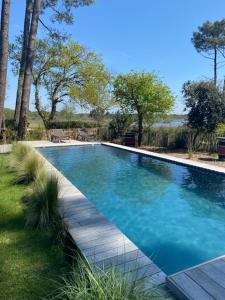 a large blue swimming pool in a yard at La Maison Moutchic in Lacanau