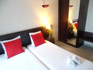 a bedroom with a bed with red pillows and a mirror at Value Stay Blankenberge in Blankenberge