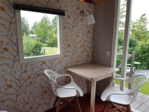einen Tisch und zwei Stühle in einem Zimmer mit Fenster in der Unterkunft B&B Pipowagen "het Wellnesst" op Wellness Camping en B&B Stoltenborg in Meddoo