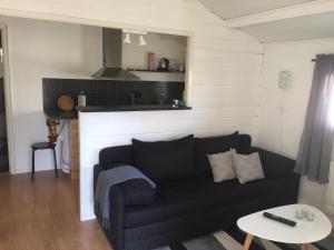 ein Wohnzimmer mit einem schwarzen Sofa und einem Tisch in der Unterkunft stuga skrea strand in Falkenberg