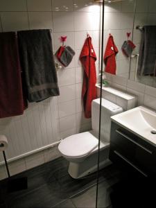 uma casa de banho com um WC, um lavatório e um espelho. em Joline private guest apartment just feel at home 