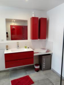 a bathroom with a red sink and a mirror at Pont de la Chaux in Chaux-des-Crotenay