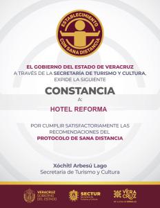 Certifikát, ocenenie alebo iný dokument vystavený v ubytovaní Hotel Reforma Tuxpan
