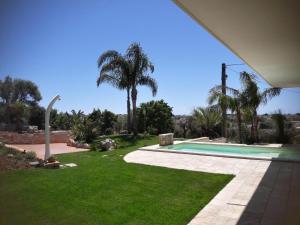 una piscina en un patio con palmeras en Salusdea en Morciano di Leuca