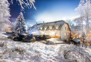 a house with cars parked in the snow at Kosówka Czarna Góra in Stronie Śląskie