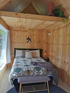 a bedroom with a bed in a wooden cabin at Tui Lodge in Coromandel Town