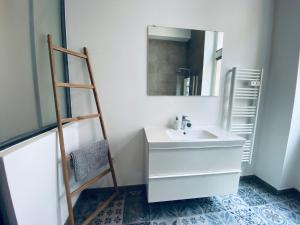 a bathroom with a sink and a mirror and a ladder at Hyper centre : Appartement Déco Atelier ou Studio Mezzanine in Lyon