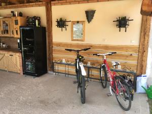 dwa rowery zaparkowane w pokoju z kuchnią w obiekcie Apartmány Patriot w Trzeboniu